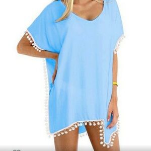 Blue Pom-Pom Trim Swim Cover-Up
